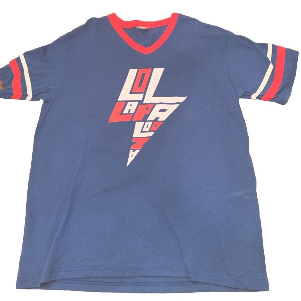 Men's Blue Vintage XL Ringer V-Neck Lollapalooza 14 Chicago T-Shirt Concert Band